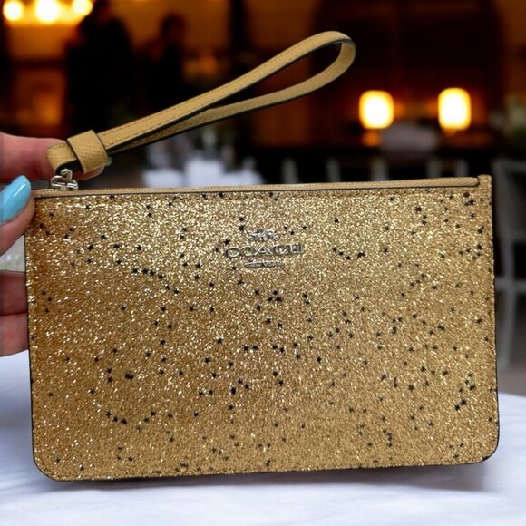 NWOT Coach Silver Gold Star Glitter Small Wristlet - Picture 1 of 9